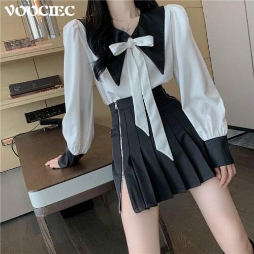 VOOCIEC Spring/Autumn Woman Fashion Contrast Shirt Pleated Skirt Suit Korean Style Doll Collar Girls College Style JK Skirt Suit