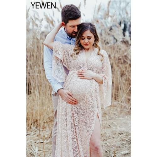 Ivory V Neck Strech Lace Dress for Photoshoot Side Slit Evening Gown Designer Photo Shooting Dress for Baby Shower 2021