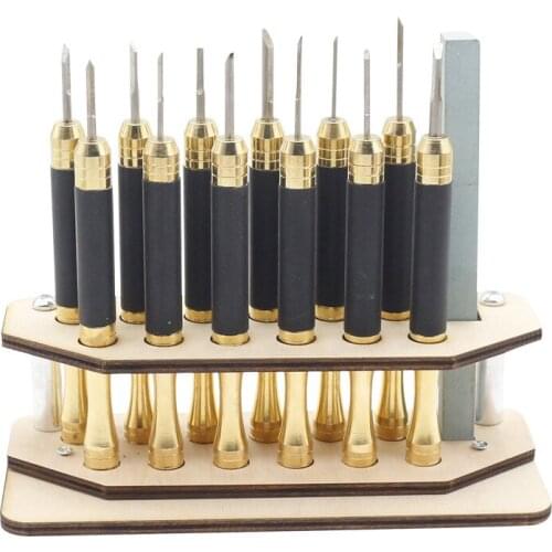 Brass Handle Carving Knife 12pcs Set Seal Cutter With Knife Holder Sharpen Stone Stone Carving Set Handheld Seal Cutting Tools