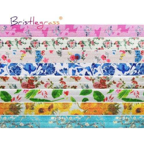 BRISTLEGRASS 50 100 Yard by Roll 5/8" 15mm Rose Flower Floral Print Fold Over Elastic FOE Spandex Band Tape Hair Tie Sewing Trim