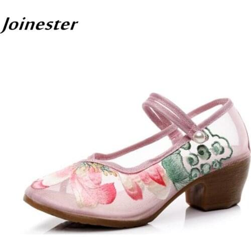 Summer Women Air Mesh Retro Embroidered Chunky Heel Pumps Closed Toe Sandals for Ladies Mary Jane Dress Shoes Girls Party Shoe