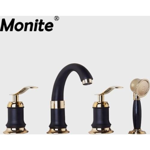 Monite Double Handles Black Golden-Plated 4 Pcs Bathroom Wash Basin Sink Brass Vessel Bathtub Torneira Tap Mixer Faucet