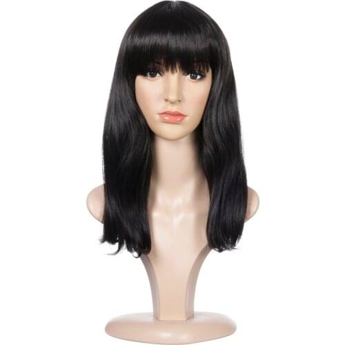 Natural Straight Wig With Bangs 17'' Synthetic Wig for White/Black Women African American Natural Black Natural Fake Hair