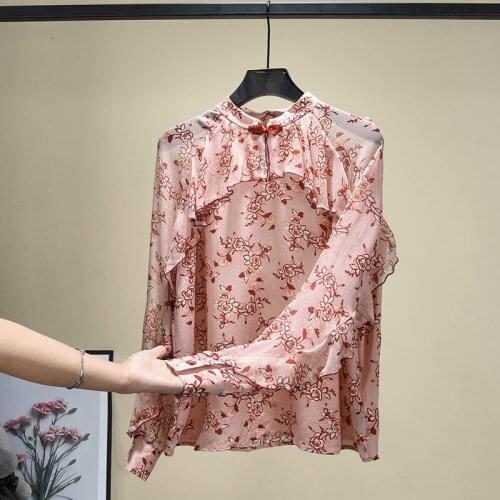 Plus Size Floral Print Chiffon Blouseor Women Long Ruffled Sleeve Pink Flower Shirt Female Top 2021 Spring Summer