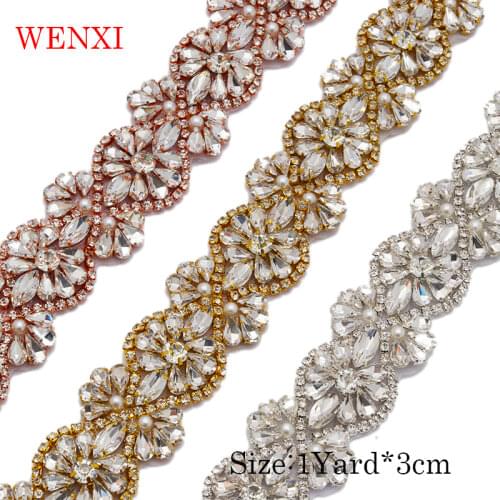 WENXI 1YARD Luxury Crystal Rhinestone Applique With Pearls Trim For Fancy Bridal Gown Sash Rhinestone Banding Crystal WX875