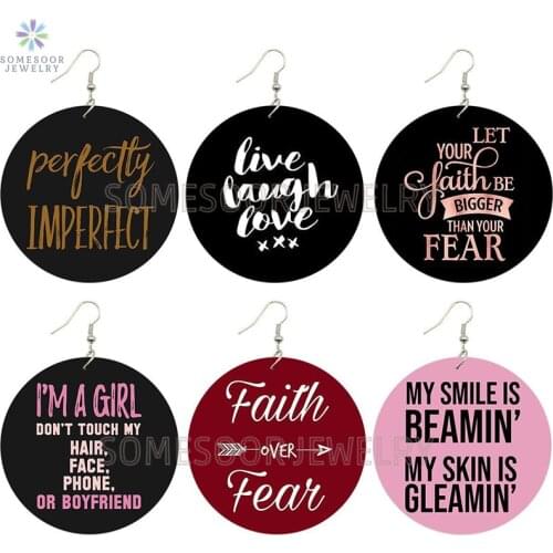SOMESOOR Inspiring Melanin Sayings Print Wooden Drop Earrings Faith Over Fear live Laugh Love Perfect Black Wood Dangle Jewelry