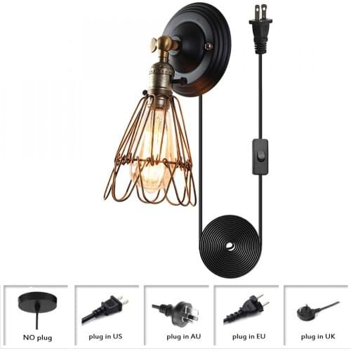 Vintage Bronze Wire Cage Wall Lighting Sconce, Industrial Plug In Wall Light, Farmhouse Wall Lighting Fixture for Bedroom