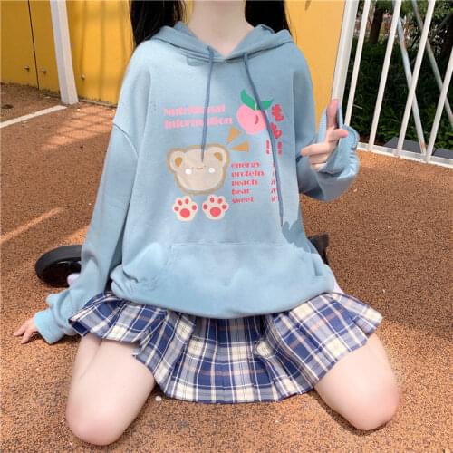 Japanese Kawaii Rabbit Ear Cap Lolita Girls Hoodies Women Fashion Cute Bear Print Sweatshirt Harajuku Sweet Pullovers Clothes