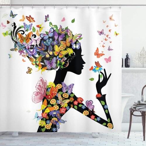 Black White Butterflies Shower Curtain Girl Fashion Flowers Butterflies Ornamental Floral Foliage Nature Forest Bathroom Curtain