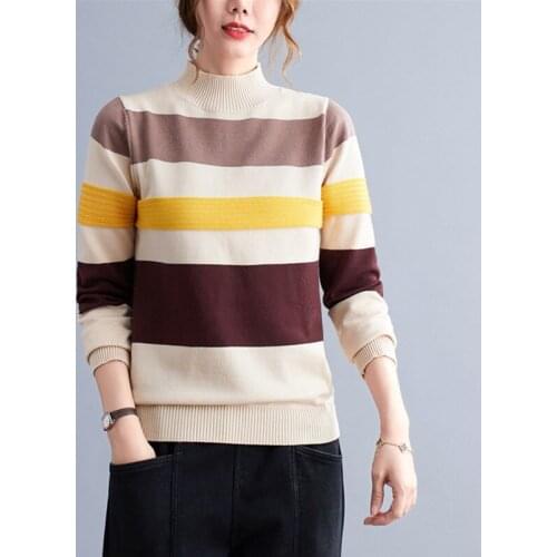 Women Long Sleeve Casual Sweaters New Arrival 2021 Autumn Simple Style Half High Collar Striped Ladies Knitted Pullovers B1063
