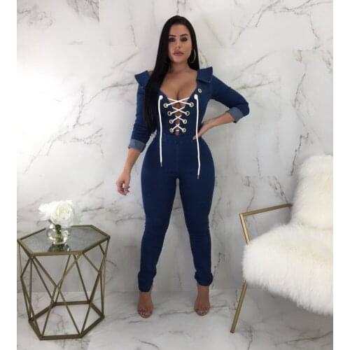 OKAYOASIS Newly Sexy Women Square Collar Lace Up Bodycon Denim Jumpsuit Elegant Straight Casual Jeans Jumpsuit Rompers