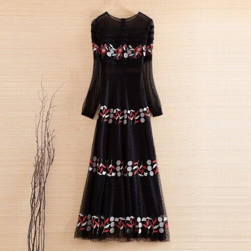 High-end Spring And Summer Women Long Dresses Embroidery Elegant Lady Slim A-line Party Embroidered 3/4 Sleeve Mesh Dress S-XL