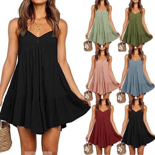 2021 New Style Women Summer Sleeveless Short Dress Ladies Solid Color V-neck Spaghetti Strap Dress Sexy
