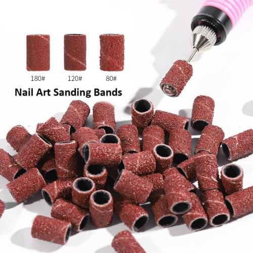 100pcs Nail Art Sanding Bands 80# 120# 180# Cutters For Manicure Pedicure Removing Gel Electric Drill Grinding Ring Bit Tools