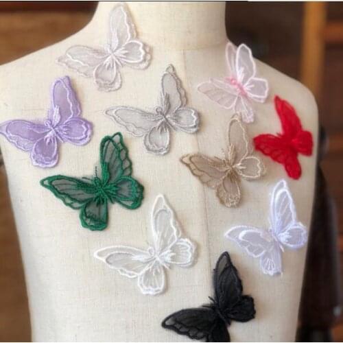 3 Pieces French Lace Fabric Butterfly 2 Layers Embroidered Lace Trim Patches Applique Wedding Dress Fabric DIY Sewing Craft