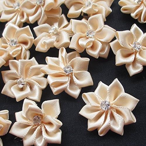 Beige 40pcs Ribbon Flowers Bows Rhinestone Wedding Ornament Appliques