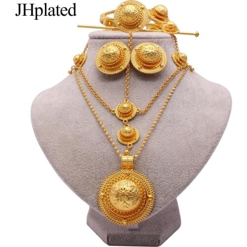 Ethiopian 24K gold plated bridal Jewelry sets Hairpin necklace earrings bracelet ring gifts wedding jewellery set for women