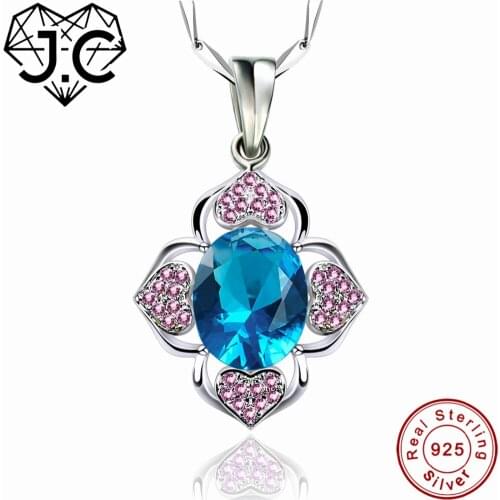 J.C Oval Rainbow & Blue Amethyst Topaz Real 925 Sterling Silver Necklace Fine Jewelry for Women/Girl Delicate Flowers Pendant