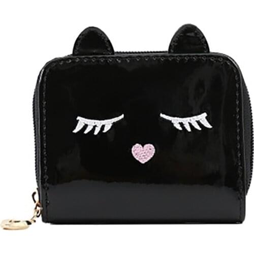 Womens Holographic Cartoon Large Capacity Zipper Purse Brand Animal Kitten Face Short Leather Wallet Small Coin Money Clip Girl