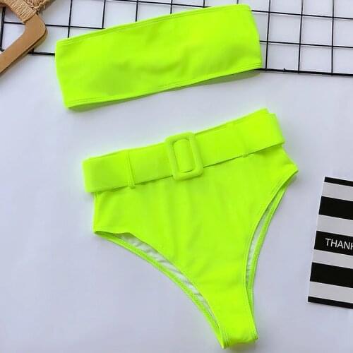 Sexy Neon Green Swimsuit High waist bikini 2020 Women Thong swimwear Female Two pieces Bikini set Buckle Waistband bathing suit