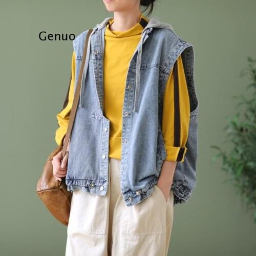 Korean Fashion Autumn Coats Womens Hooded Denim Vests Ladies Vintage Oversized Waistcoats Casual Sleeveless Clothes