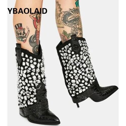 Fashion Cowhide Pointed Toe Flanging Rhinestone Fashion Boots New Solid Color V-shaped Sleeve Stiletto High Heel Catwalk Boots