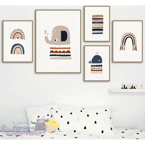 Boho Style Cartoon Rainbow Elephant Posters and Prints Cute Canvas Painting Wall Art Pictures for Kids Room Decoration