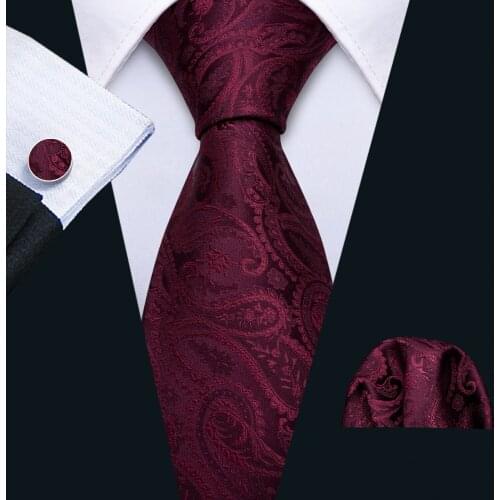 Men Solid Red Floral Tie Silk Paisley Ties Designer Necktie Set Handkerchief Cufflinks for Groom Wedding Tie Barry.Wang FA-5189