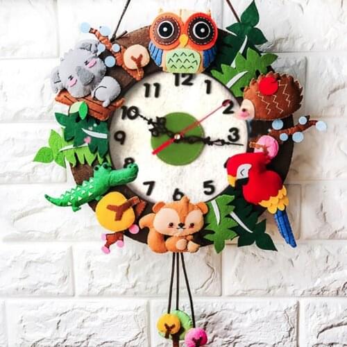 2 Style Cute DIY Wall Clock Set Free Cutting Felt Material Cloth Animal Style Handmade Cloth Clock Home Hanging Decoration