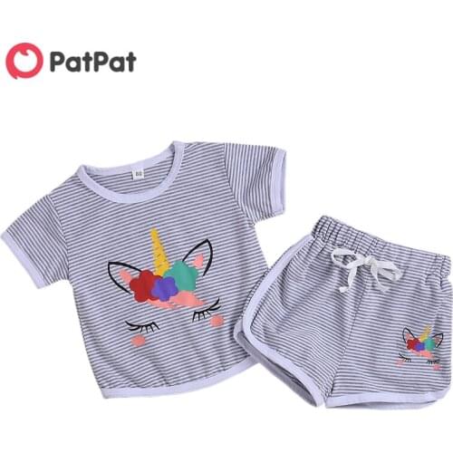 PatPat 2020 New Summer 2-piece Baby Toddler Girl Unicorn Striped Tee and Shorts Sets for Baby kids Clothes