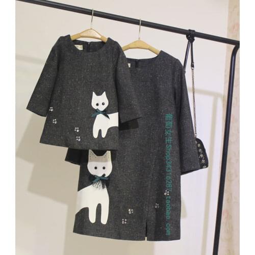 Mother Daughter Dresses White Cat Dress Family Matching Outfits Mama and Kids Children Clothing Mother Daughter Autumn Outwear