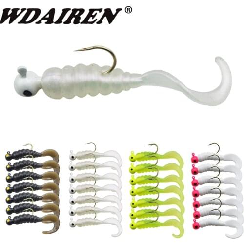 7PCS Mini Grub Worm Soft Fishing Lures 4.5cm 2.7g Lead Jig Head Hook Wobblers Tackle Silicone Artificial Bait Carp Bass Pesca