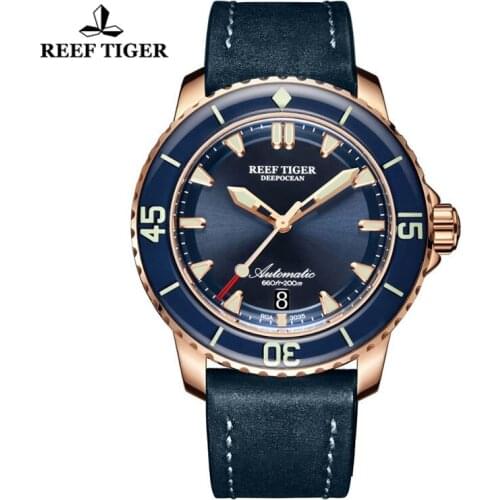 Reef Tiger/RT Luxury Blue Leather Strap Super Luminous Men Watch New Dive Sport Watches Automatic Mechanical Watches
