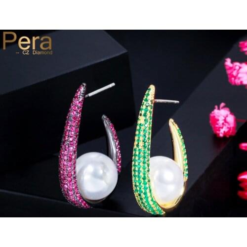 Pera Elegant Dancing Party Ladies Jewelry Hot Pink Green CZ Topaz 925 Silver Post Big Imitation Pearl Dangle Drop Earrings E704