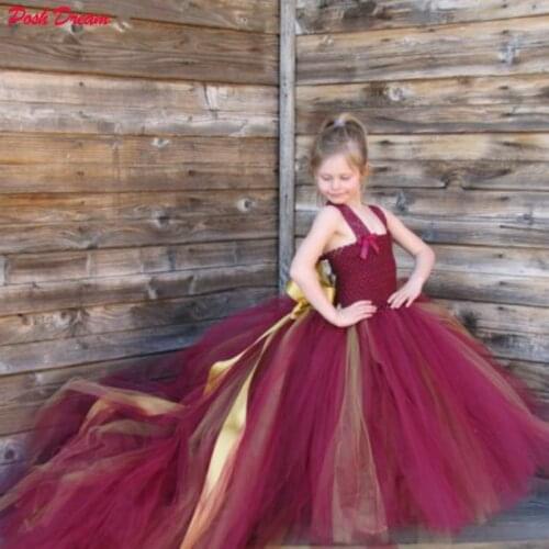 POSH DREAM Burgundy Girls Tulle Flower Girl Dress Lace Straps Flower Girl Wedding Dress with Long Train Wine Red with Gold Dress