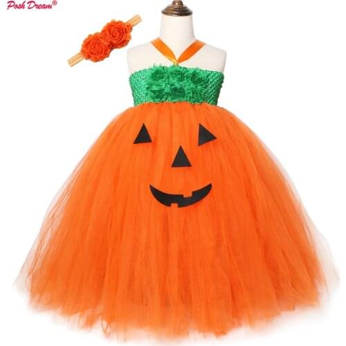 POSH DREAM orange Flower Kids Girls Halloween Pumpkin dresses Baby Girls Kids Tutu Dresses Halloween Children Festival Dress