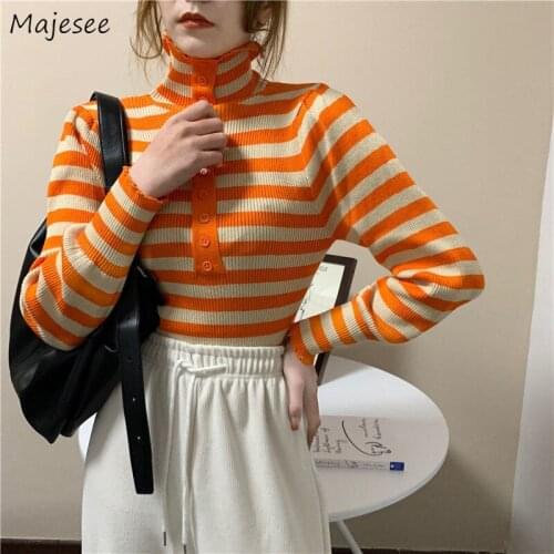 Turtleneck Sweater Women Striped Orange Single Breasted Korean Style Simple Chic Students Young Ladies All-match Daily Slim Tops