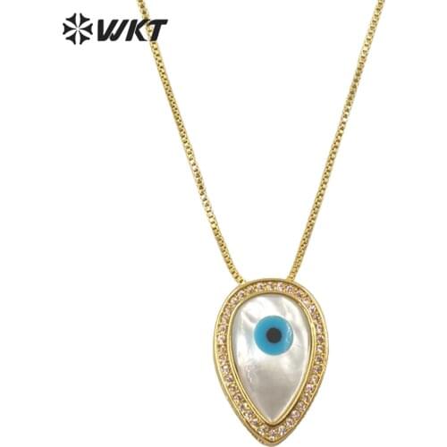 WT-MN972 Fashion tiny teardrop mother of pearl shell drop eye pendant necklace lady fashion gold micropave CZ White evil eye