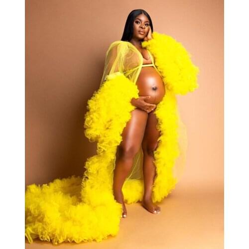 Bright Yellow Pregnant Women Dress Sexy Photograph Robes Sleepwear Ruffles Robe Tiered Gown Bathrobe Sexy Nightdress Femme