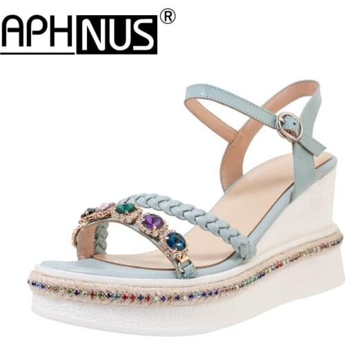 APHNUS Womens Sandals Flowers Ruffles Trifle Wedges Mid High Heels Pumps Woman 2020 Shoes For Women New