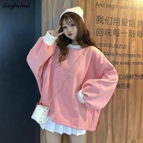 Women Sweatshirts Winter Pink Korean Preppy Solid Pullover Sweatshirts Plus Velvet O-neck Loose All-match Leisure Kawaii Ins New