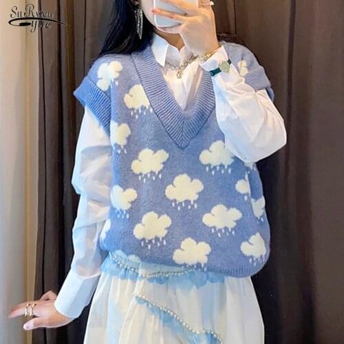Sleeveless Cloud Print V-neck Sweaters Autumn Knitted Pullover Sweater Vest Women Loose Knit Vest Top Winter Clothes Women 15990