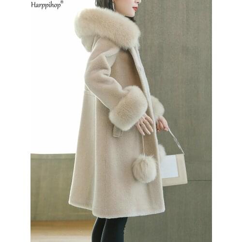 Granule sheep sheared coat female long section 2019 new wool fur Slim fox fur hooded jacket