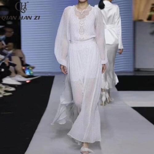 Qian Han Zi high-end custom fashion resort runway maxi dress Women lantern sleeves Lace back hollow Elegant white long dress