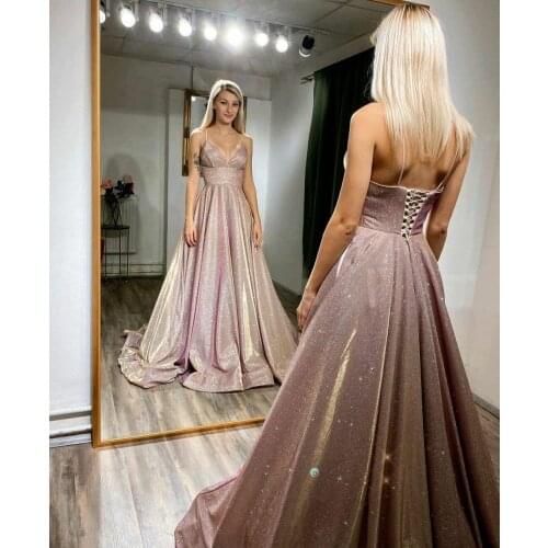 Sexy Long A-Line V-Neck Evening Dresses with Pockets Floor Length Criss Cross Back Abendkleider Formal Party Dress for Women