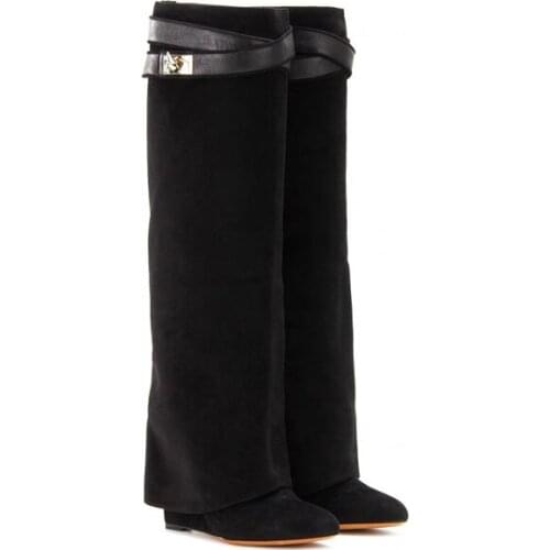 Winter boots for women over the knee high wedges heel women boots designer boots black apricot suede and leather boots grey