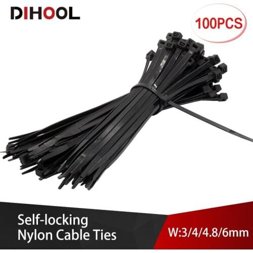 100pcs/lot 3x200mm/4x200mm/4.8x200/6x200mm Black Self-locking cable ties plastic nylon tie Cable strapping tape