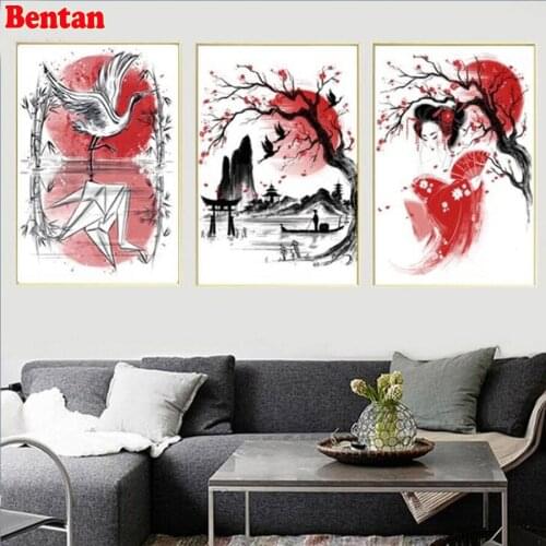 3 Pcs DIY Diamond Painting Japan Geisha crane samurai Diamond mosaic Needlework Cross Stitch Full Square Round Diamond Crystal