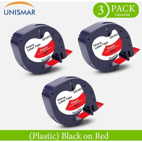 3PK for Dymo Letratag Tape 91203 12mm Black on Red Plastic Tapes 91333 91223 Label Tape Compatible Dymo LT-100H Label Printer