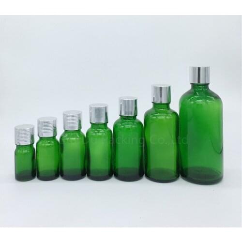 500PCS 5ml/10ml/15ml/20ml/30ML/50ml/100ml Green Glass Bottle Vials Essential Oil Bottle with silvery screw cap Perfume bottles